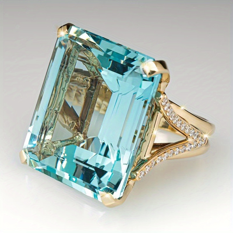 

Copper Band| Elegant Golden-tone Ring With Rectangular Aquamarine Cubic Zirconia - Sparkling Accents, Ideal For Engagement, Wedding, Anniversary, Christmas & Valentine's Gift