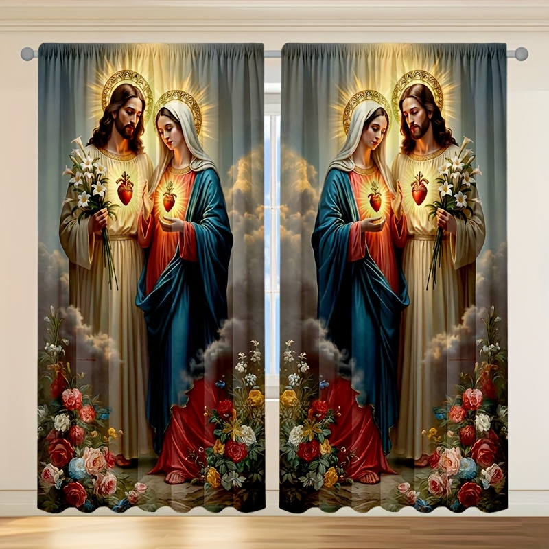 TEMU 2d Flat, 2pcs Religious Christian Curtains Suitable For Living Room & Bedroom - Jesus & Mary Window Drapes With Heart, Semi- Filtering Privacy