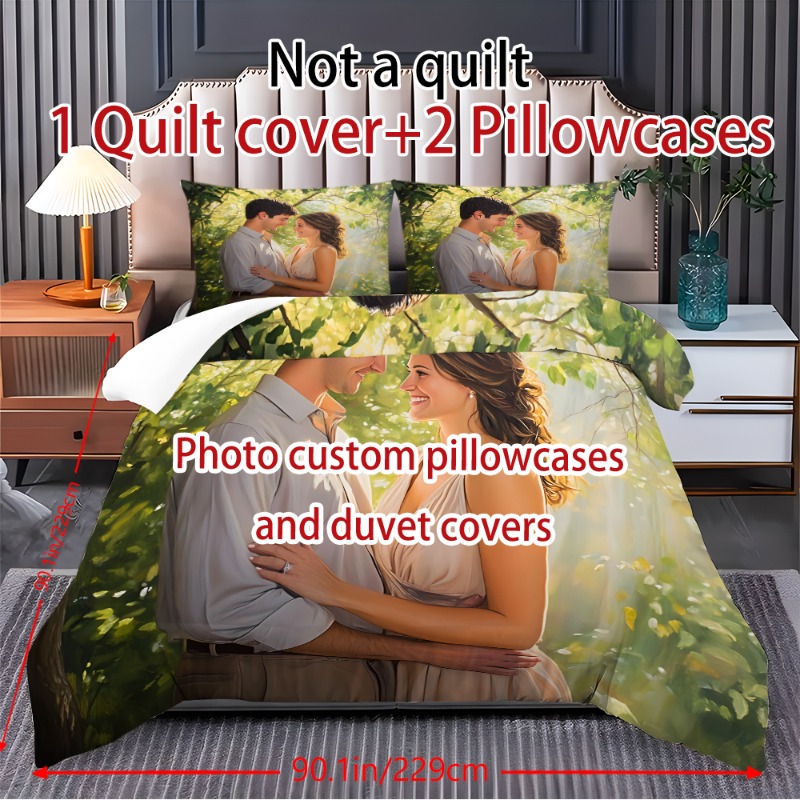 customize your personalized photos 2 3pcs set   couple photo quilt cover pillowcase set for   polyester fabric with zipper closure and single sided printing machine washable bedding set 1x quilt 2x pillows no inserts   bedroom or camping Product details 8