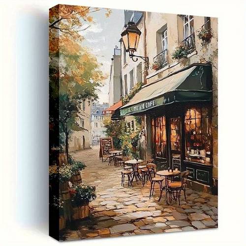2d flat 2d flat framed 2d canvas art featuring a vintage european caf 12x16 inches vertical rustic parisian landscape with cobblestone streets and decorating your living room bedroom office