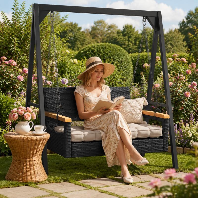 Image of Hanging Chair, Pe Rattan Rocking Chair, Outdoor Leisure Hammock Bench, Black, 63x62x40 Cm (seat , No )