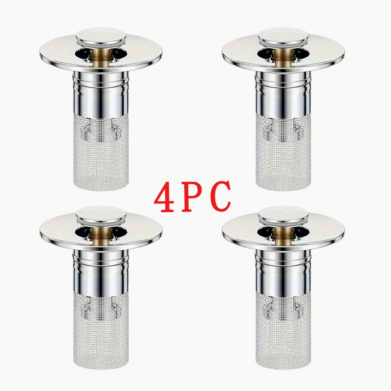 TEMU 4pcs Stainless Steel Pop-up Bathroom Sink Plug With Hair Filter And Drain Screen - 304 Stainless Steel, Suitable For 1.1-1.29 Inch Sewers,