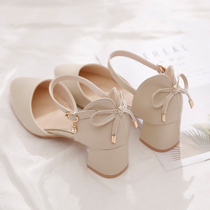 Women'S Elegant French-Inspired Mid-Heel Sandals with Ankle Strap & Bow Detail - Chic Pointed Toe Block Heel Pumps for Spring/Summer, Versatile & Fashionable Hollow Cutouts, Strappy Sandals