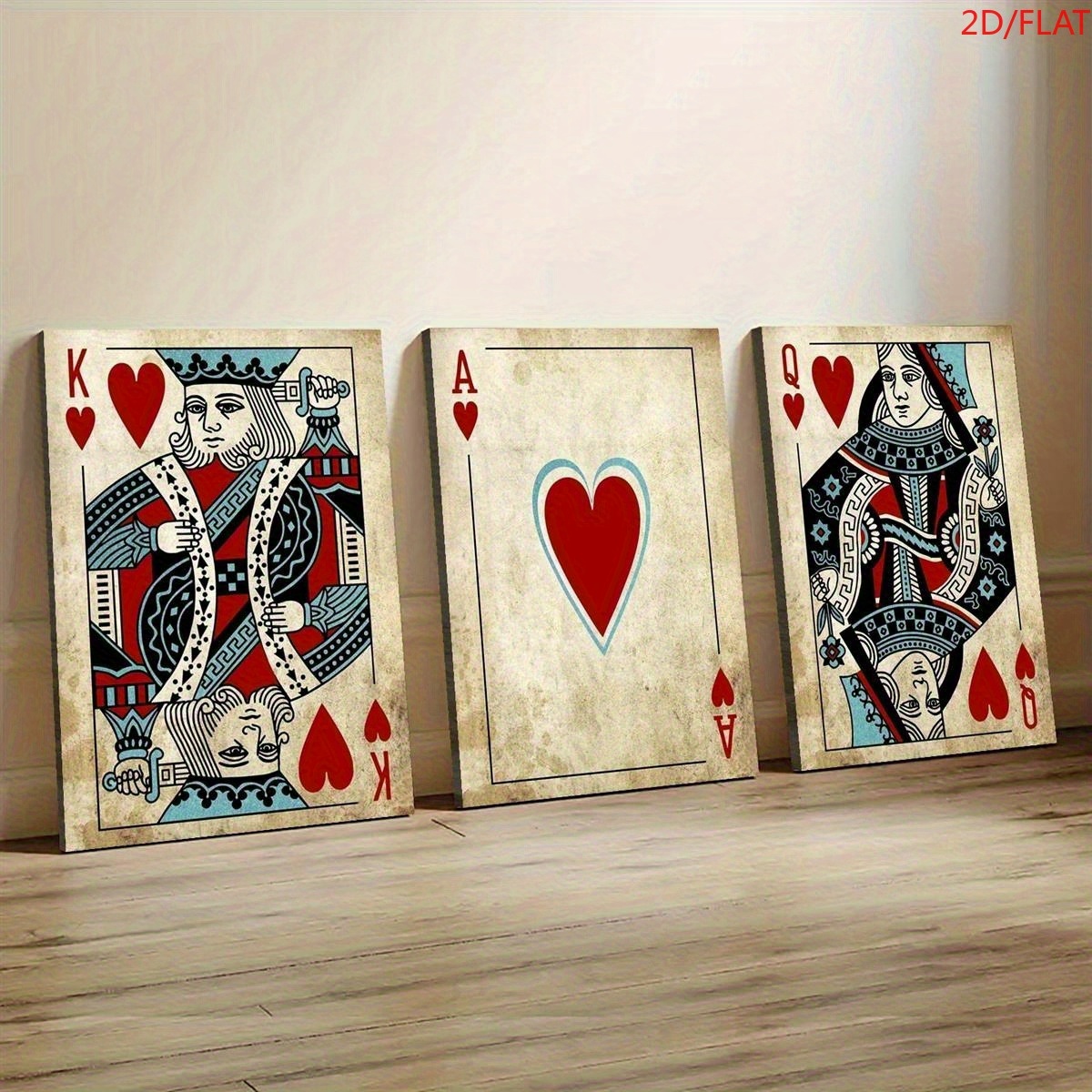TEMU 2d Flat, 3pcs Vintage Poker Canvas Art Prints - King, Ace, Queen Of Hearts With Intricate Designs, Suitable For Office, Living Room, Café, Bar,