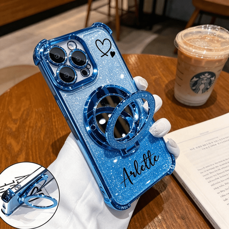 TEMU Phone Case - Electroplated Glitter Gradient Makeup Mirror Bracket, Customizable Text Font Design, Suitable For Iphone 17 Pro Max 14 11 12 13