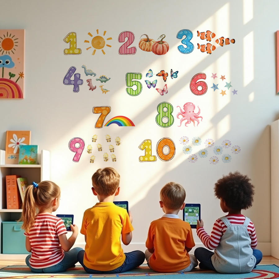 Image of 1 Sheet Brup Cute Children's Wall Sticker Art - Numbers 1 With Dinosaurs, , Daisies | Suitable For Nursery, Playroom, Living Room Décor | Removable Self-adhesive,school Decor
