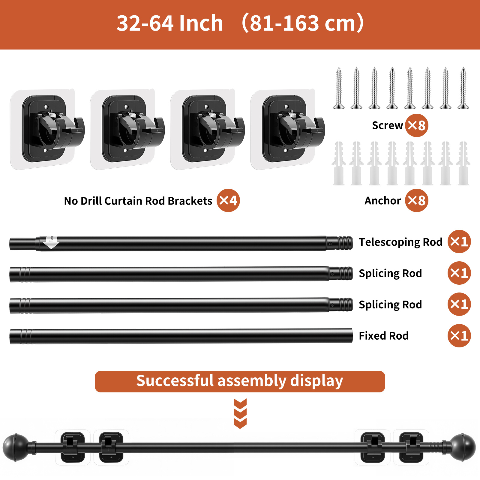 TEMU Heavy Duty Curtain Rods No Drilling For Windows 32 To 84 Inches, No Drill Small Curtain Rod Set With Adhesive Brackets, Black