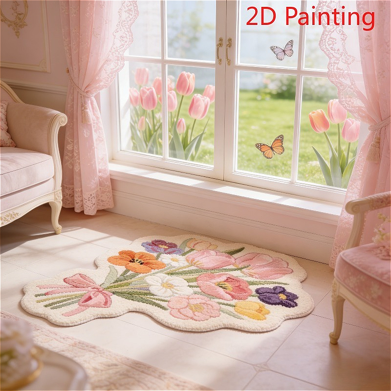 TEMU Imitation Cashmere 900g 9mm European Pastoral Style Colorful Floral Pattern Bedroom Bay Window Mat Tulip Bouquet Design Living Room Decor Carpet