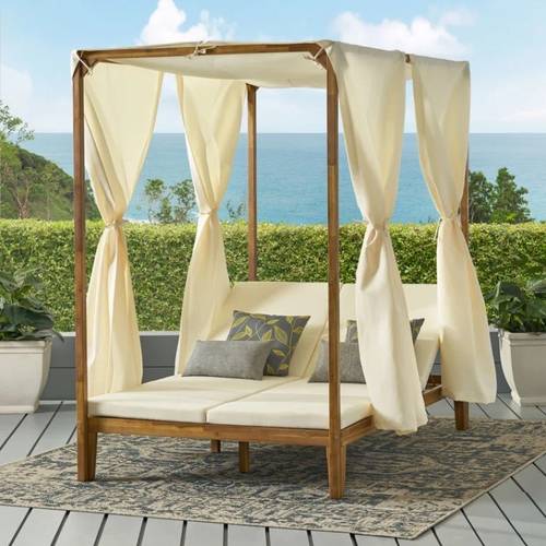 2025 outdoor daybed with adjustable high quality curtains sturdy acacia wood patio furniture high quality cushions easy assembly for poolside garden or deck relaxation outdoor furniture cushions poolside garden lounging solid back style durable wooden frame fabric