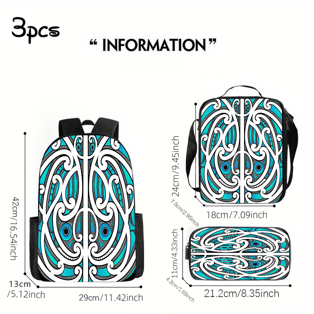 TEMU 3pcs New Zealand Maori Style Themed Unisex Backpack, Including School Bag, Pencil Case And Lunch Box. Backpack, Unique Textured Appearance,