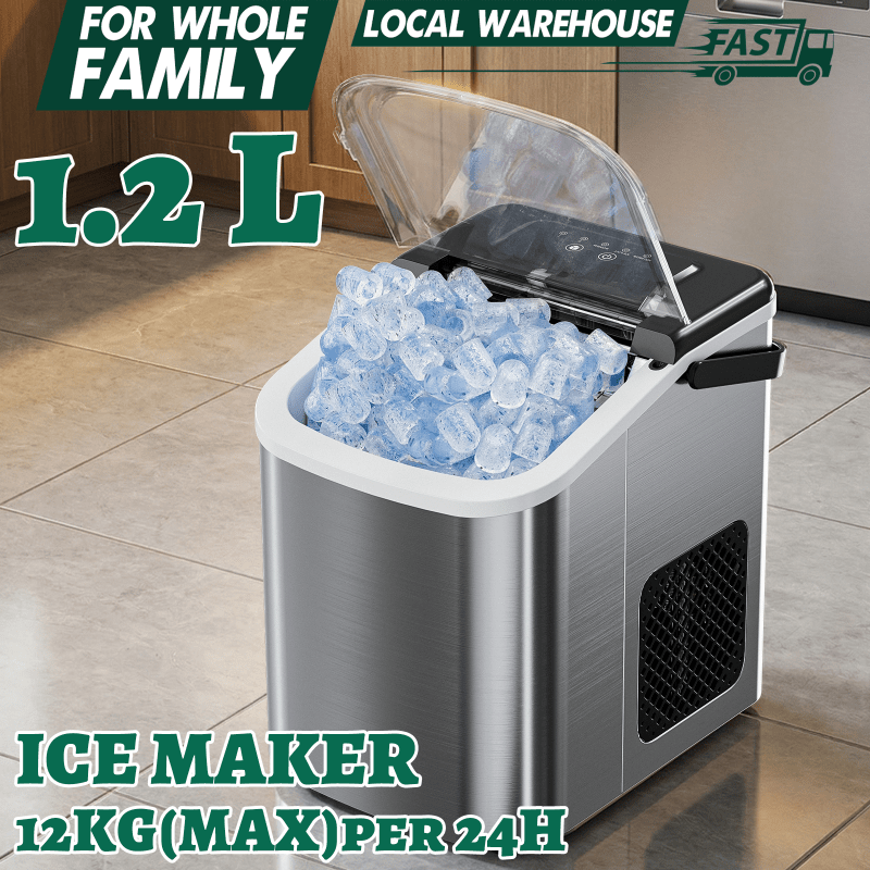 TEMU Ice Maker Machine - 12kg/24h Countertop Ice Maker, 1.2l Portable Stainless Steel Ice Cube Maker, 9 Cubes In 6 , Self-cleaning Ice Machine With