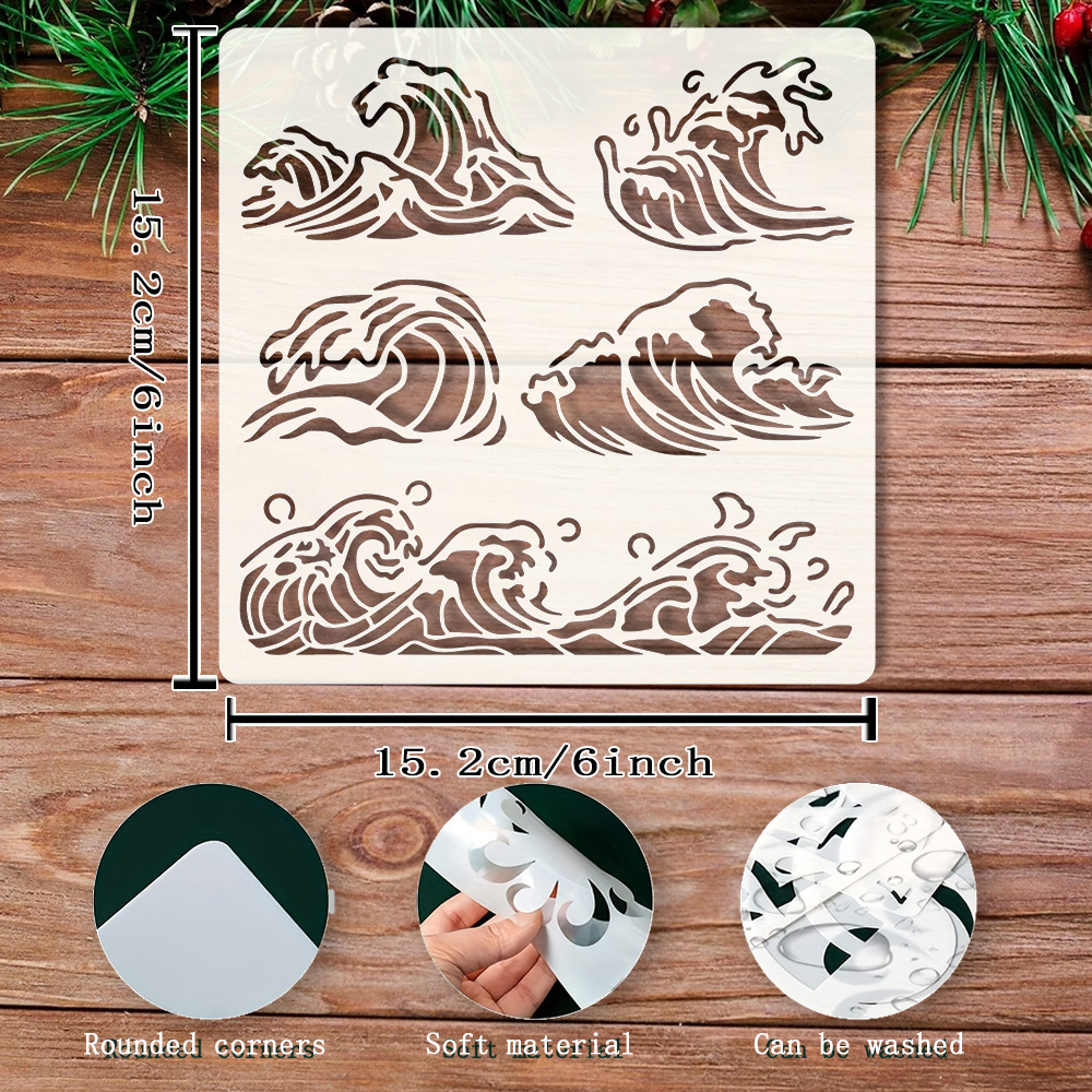 Reusable /jakyu- Painting Template - 60cm² (15.24x15.24cm) Stencil For Diy Wood, Tile, Glass & Fabric - Calligraphy-inspired Ocean Wave Stencils With 4 Seasonal Wave Patterns (/) - Plastic Stencils