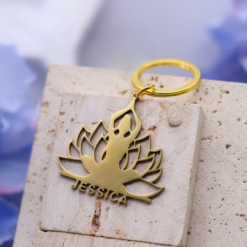 Personalized Lotus Flower Name Keychain, Unique Stainless Steel Design