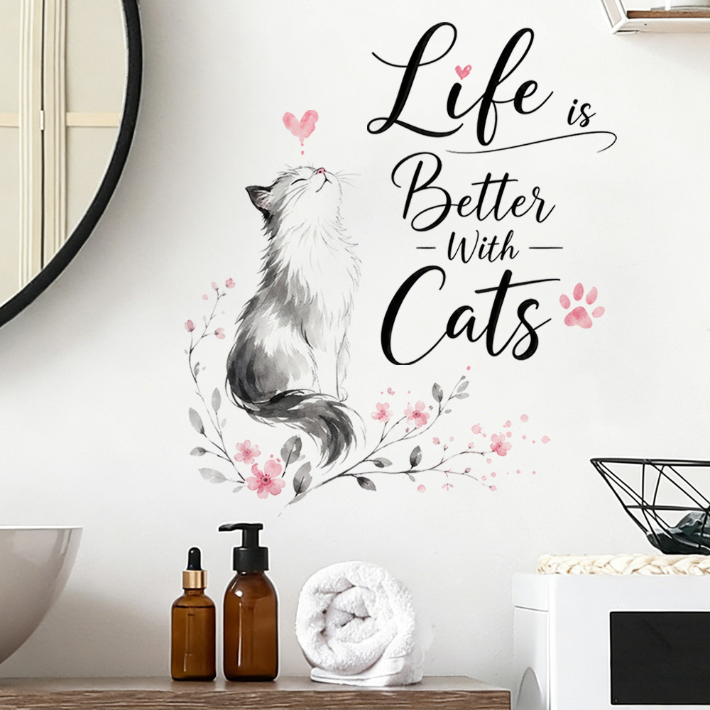 TEMU Gentle Ink Cat Literary Decorative Wall Sticker No-drill Self-adhesive Wall Surface Fluffy Gray-white Long-haired Cat Text Element Bathroom Desk