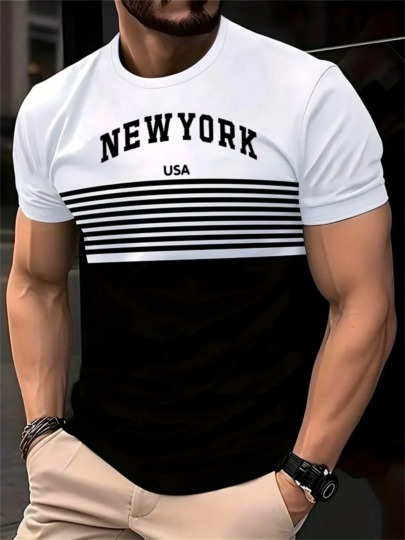Men's New York USA 3D Print Striped T-Shirt - Casual Summer Sportswear, Oversized Red and White Short Sleeve Tee with Asymmetrical Stripes