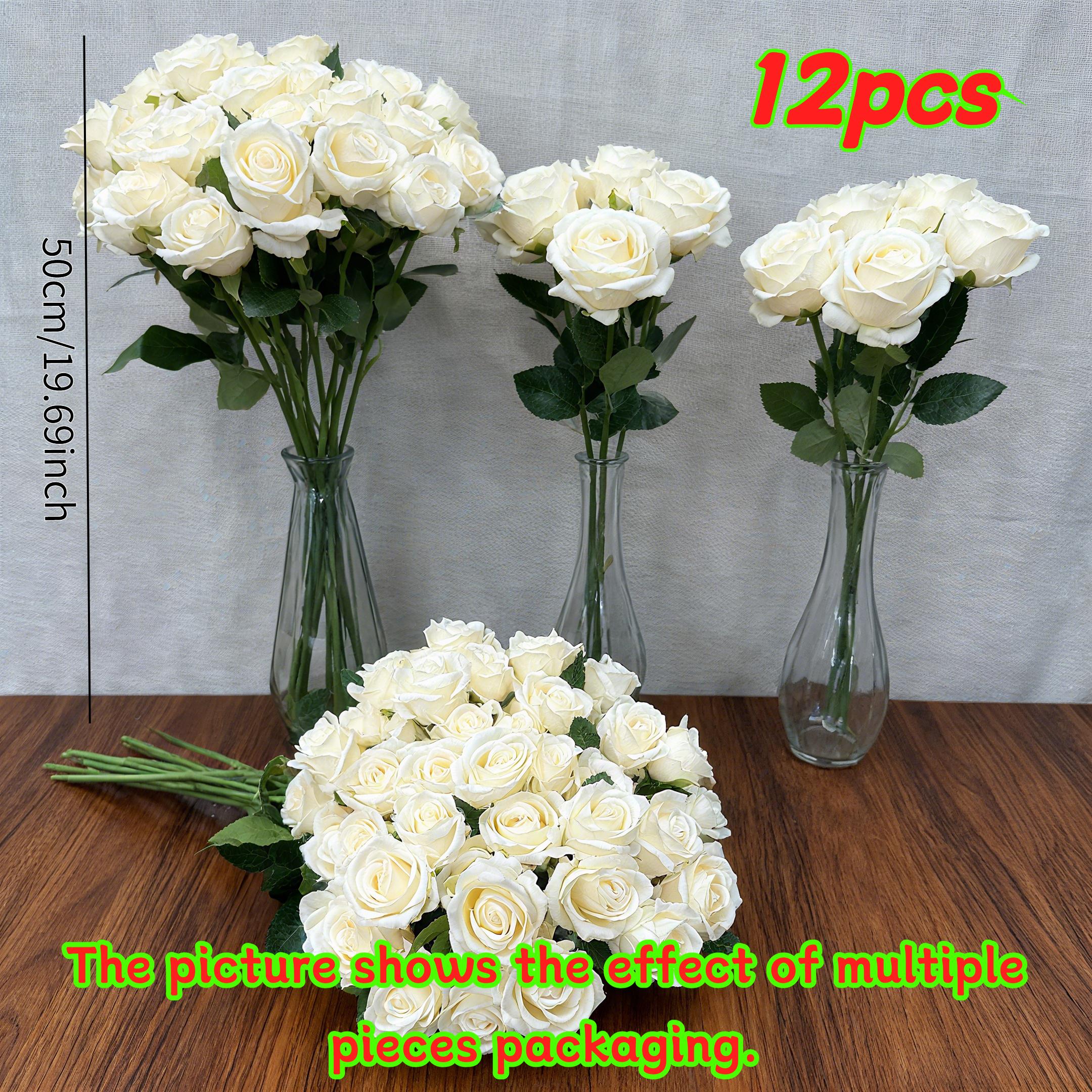 Image of 12pcs White Artificial Rose Bouquet - Elegant And Leaf Design, Realistic Texture With Fade- - Ideal For Wedding Decor, , Office Desk, Valentine's Day, Mother's Day, Birthday, And Christmas Decorations