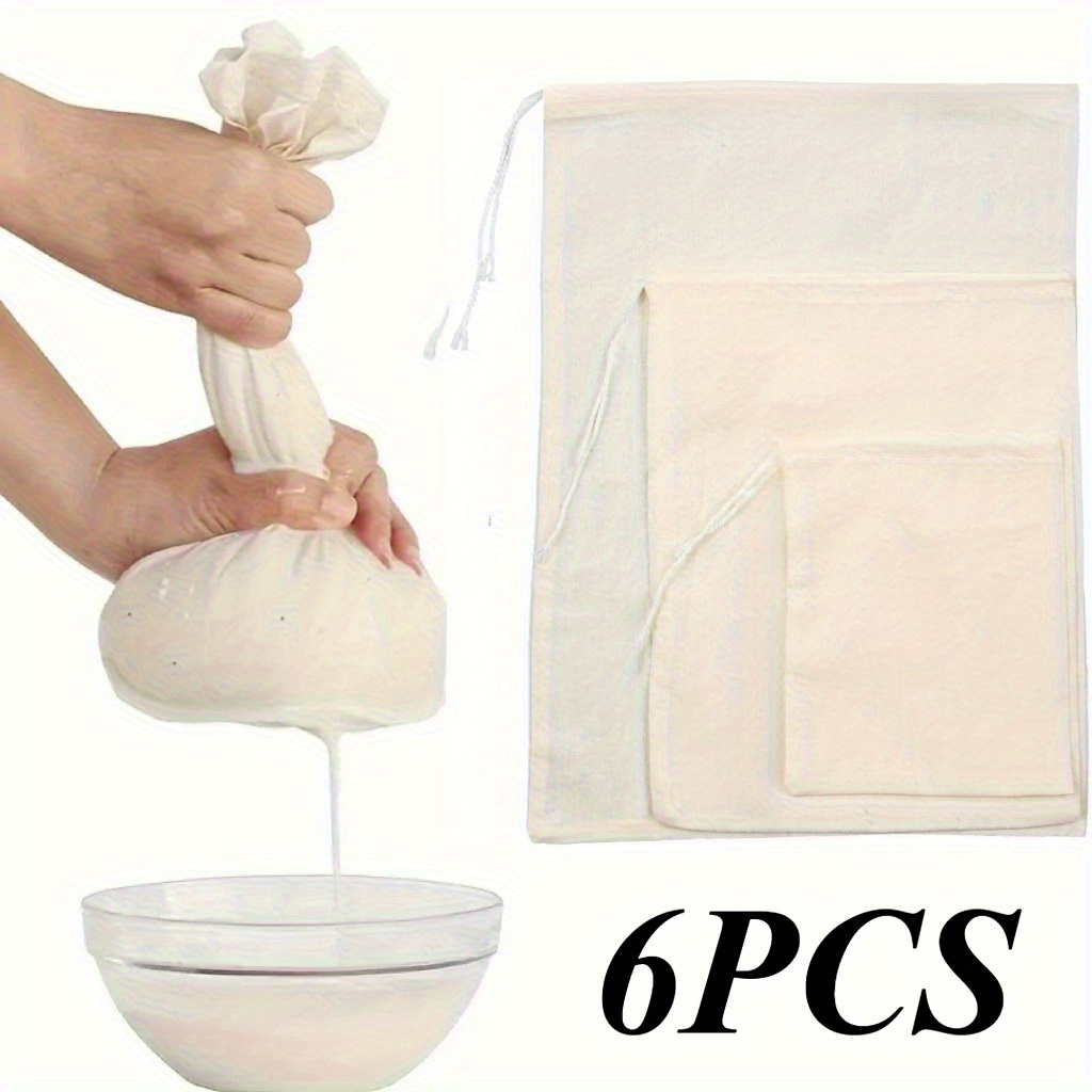 6pcs reusable unbleached cheesecloth bags 3 sizes muslin strainer bags for cheese making yogurt juice wine filtration     strainer bags with drawstring closure kitchen essentials natural look reusable strainer cheese making supplies