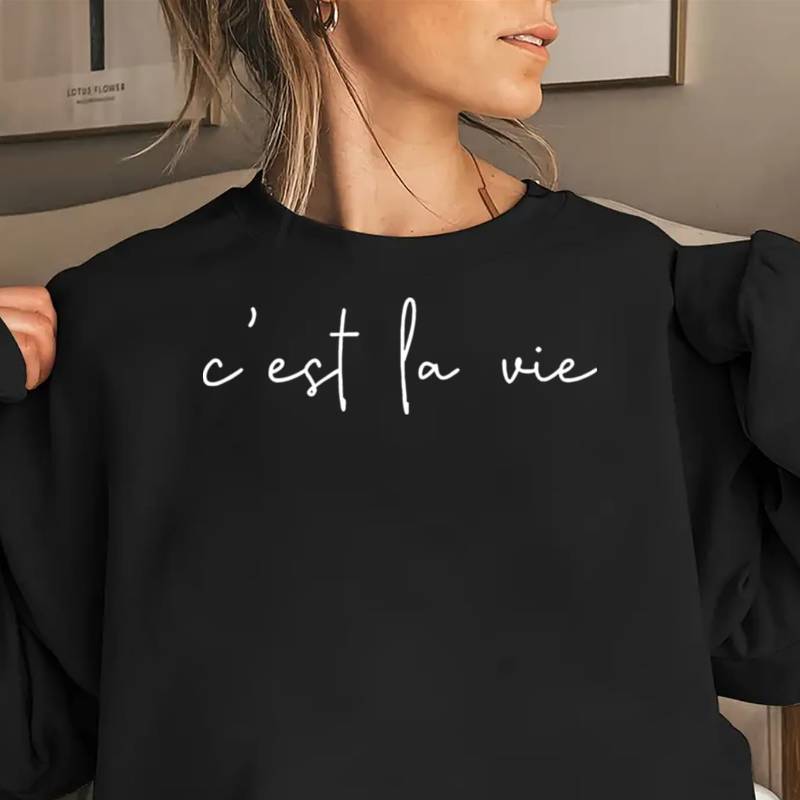 

1pc Women's French Print "" Pullover Sweatshirt - Polyester, Crew Neck, Stretch, Solid Color, Sports Style,