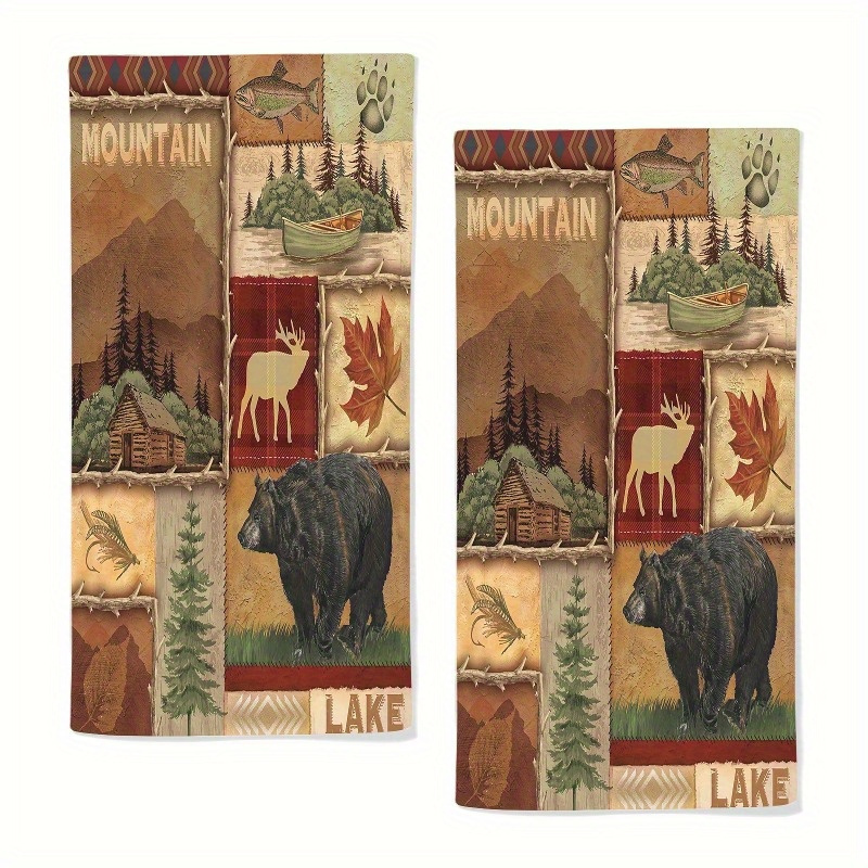 

2pcs Set Rustic Cabin Animal Hand Towels - 18x26 Inch, Polyester, Quick-dry & Absorbent Kitchen Towels With Bear, Moose & Designs - Home Decor