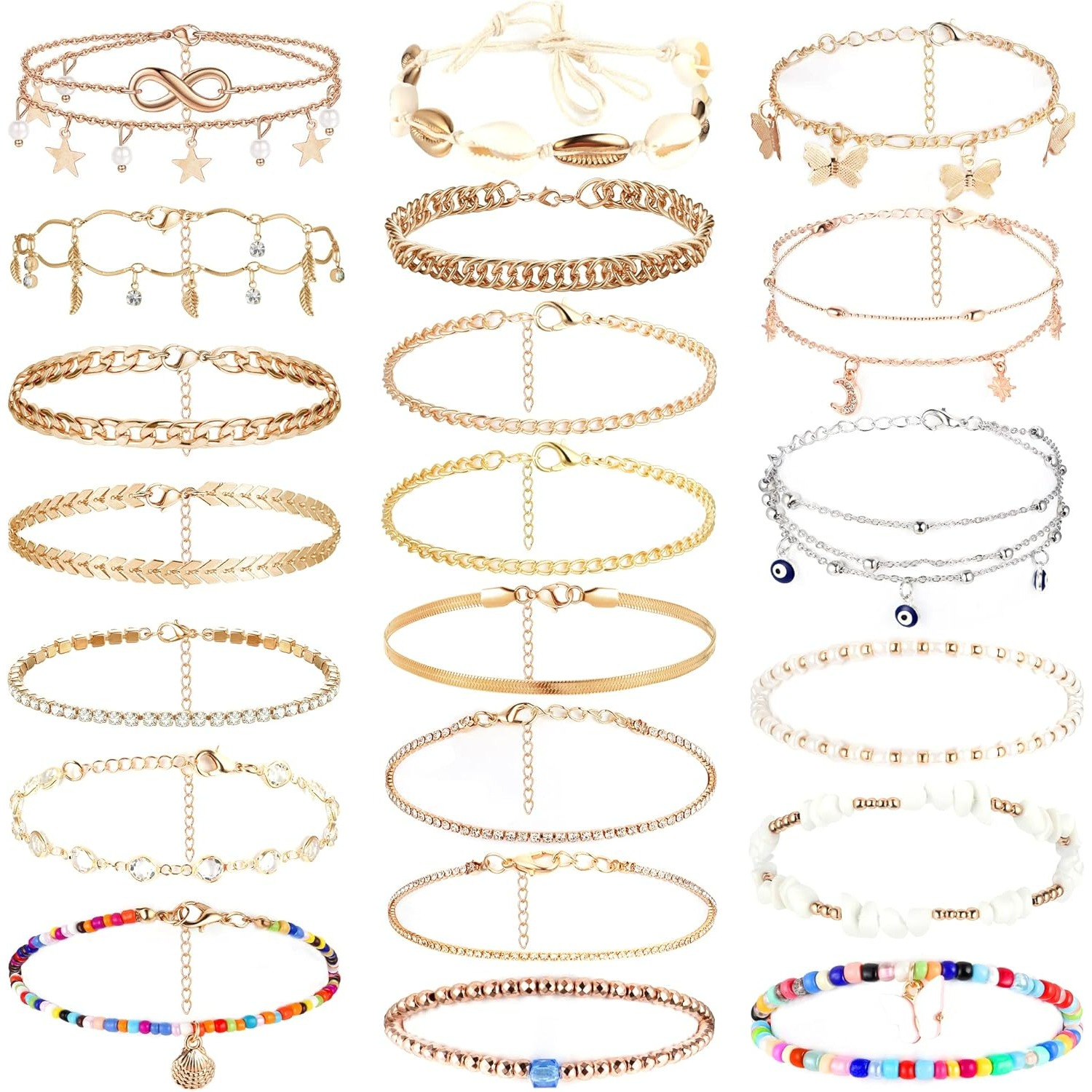 Image of Set Of 21 Sparkling Anklets Featuring Rhinestones, Waterproof Design, , Perfect For Summer. Vintage Bead Anklet For Women