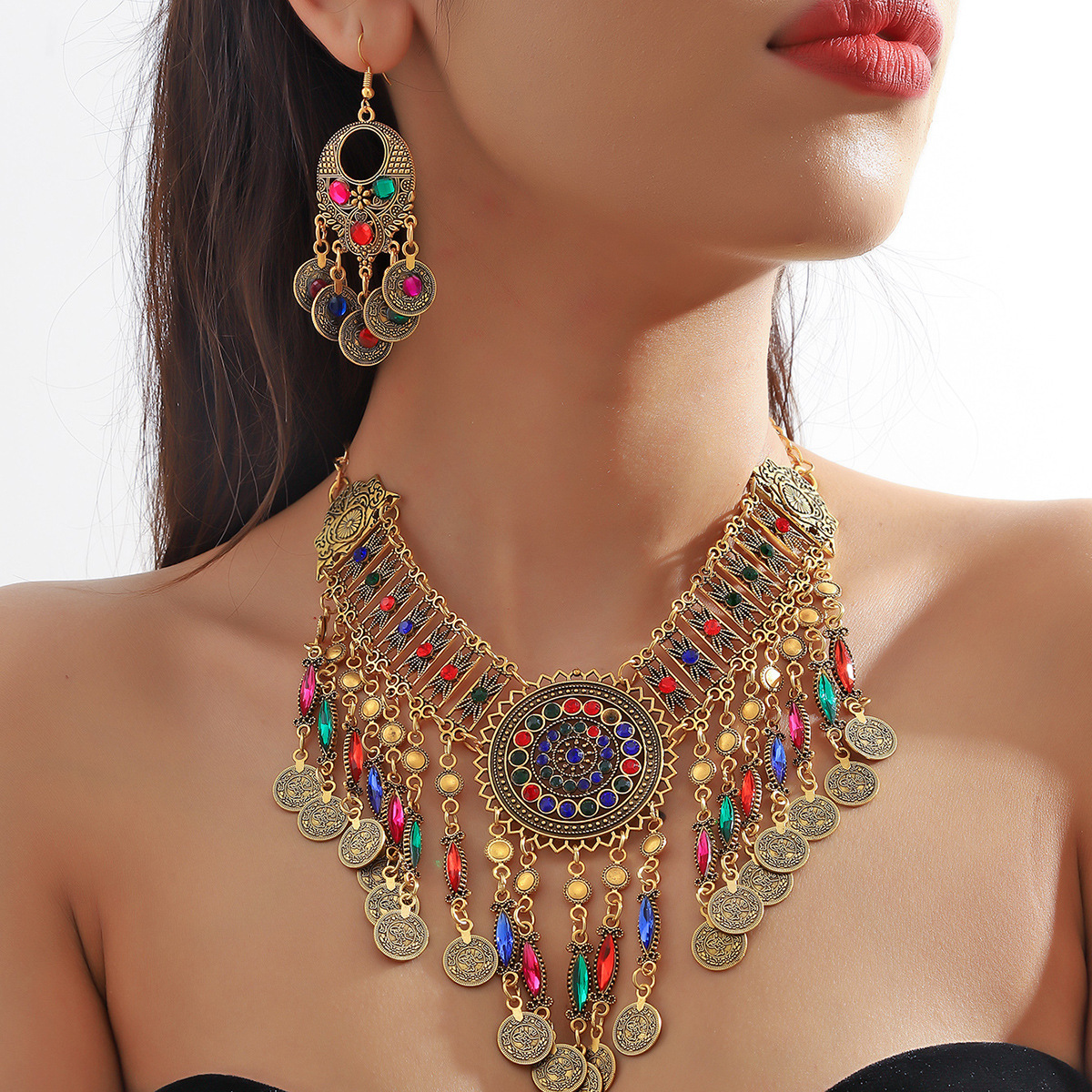 TEMU 2pcs Set Vintage Bohemian Style Beaded Necklace Earrings Women's Jewelry Set Weddings And Parties Alloy With Decoration