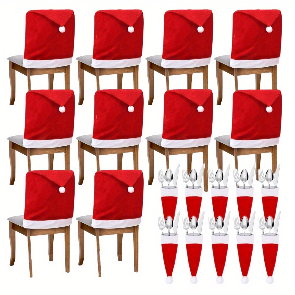 TEMU 10pcs Christmas Chair Covers With 10pcs Cutlery Pouches - Santa Claus Hat Chair Slipcover Set Of 10 - Xmas Chair Back Covers For Christmas