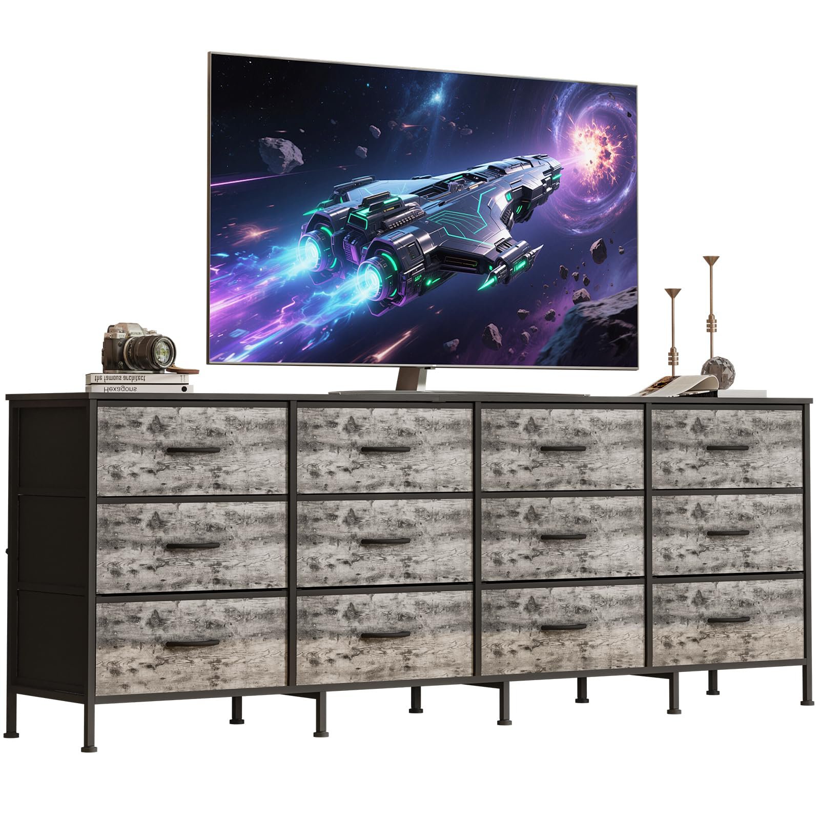TEMU Meuble de rangement pour couloir, console TV à tiroirs en tissu avec concentrateur de charge et 12 de rangement, support TV de 70 à 80 pouces,