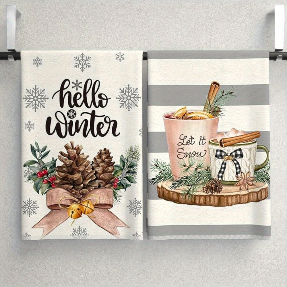 TEMU 2pcs Christmas Dish Towels Festive Cinnamon And Snowflake Patterns With "hello Winter" And " Snow" Text Durable Kitchen Towels Suitable For Home