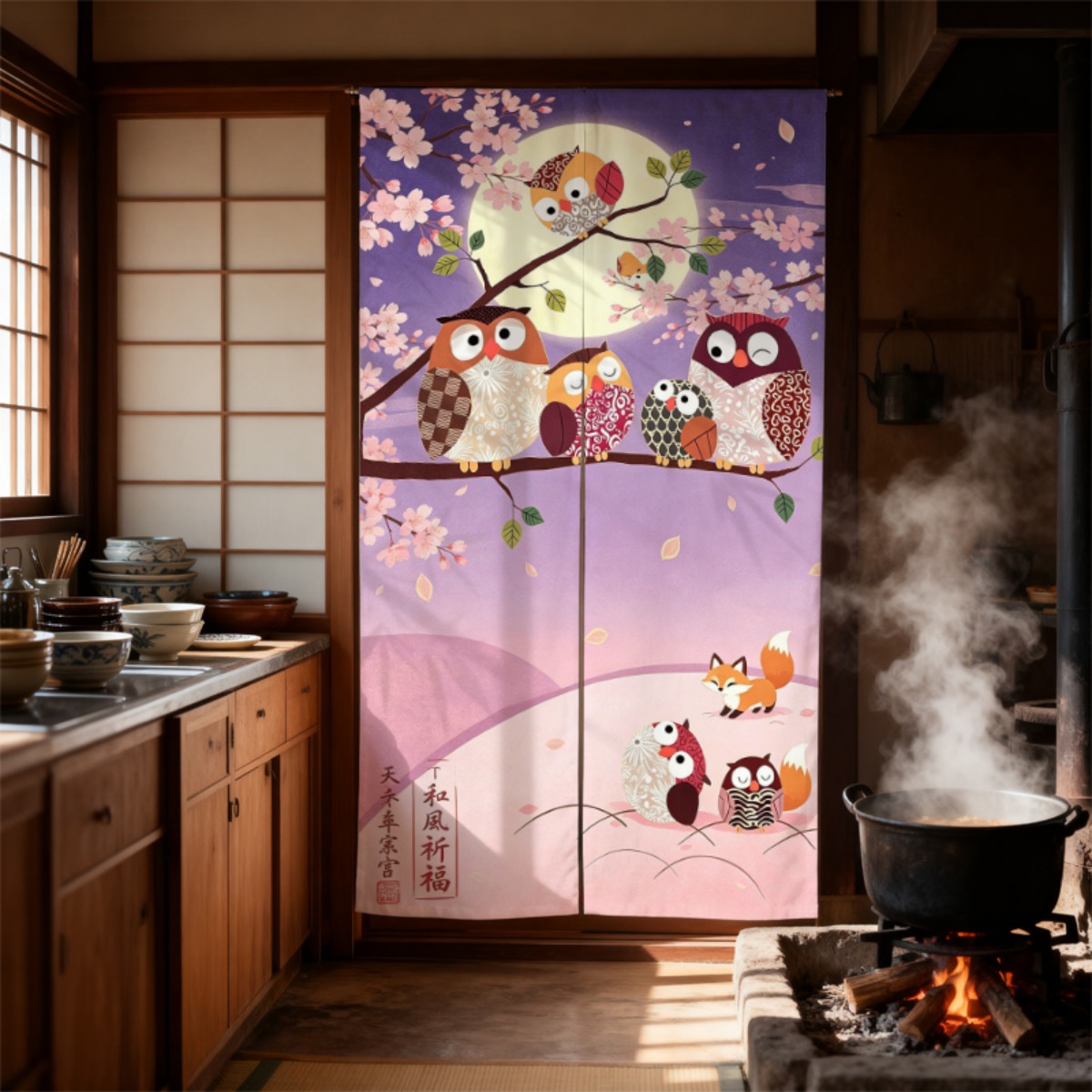 TEMU 【商品名】可愛らしいフクロウと桜のデザインが特徴のシングルドア ドレープ。キッチン、リビング、寝室に最適。柔らかいパープルとピンクのア（美的感覚）が特徴で、日本のアートの影響が色濃く、軽量で丈夫。