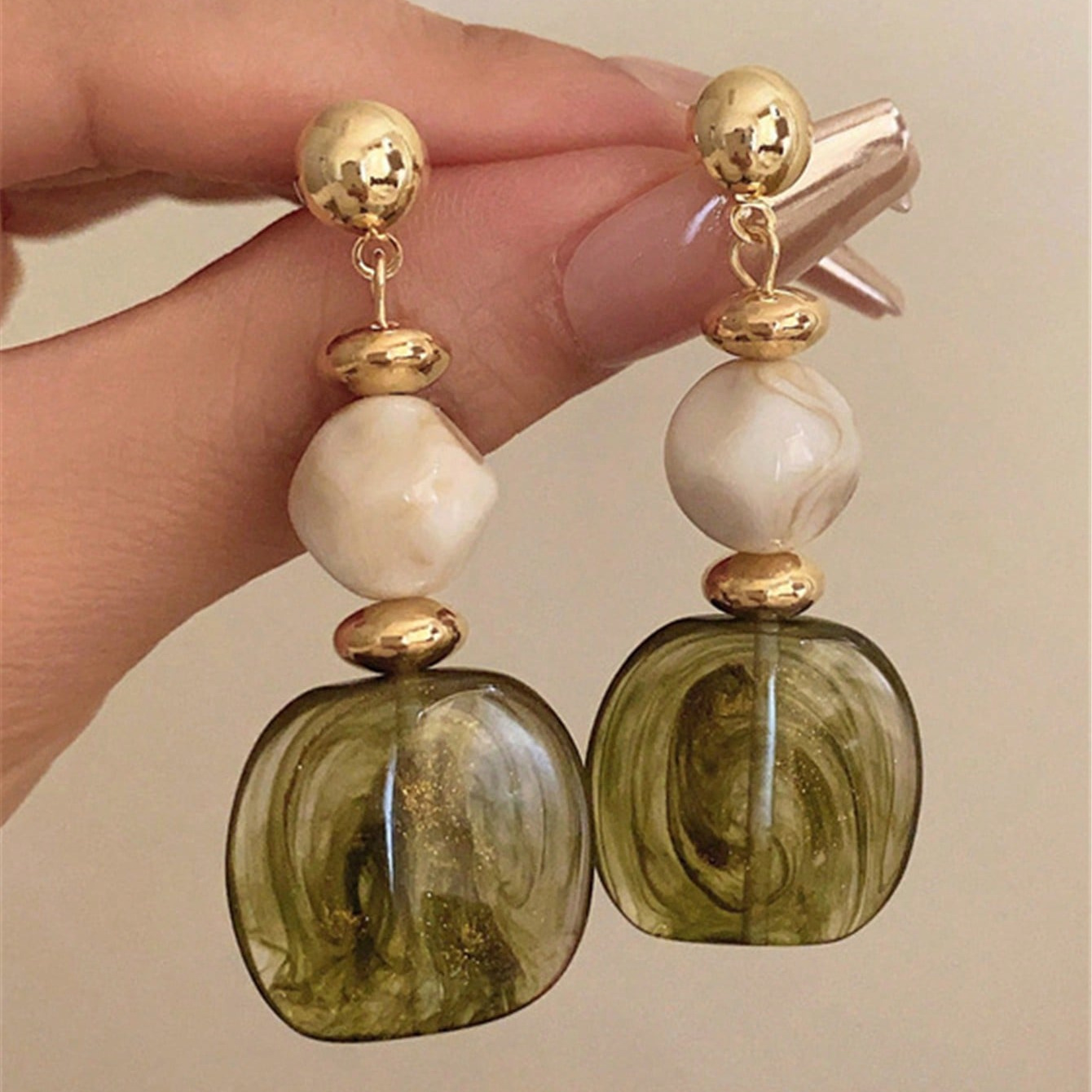 TEMU 2pcs Manfanst Plated Vintage Smudged Gradient Beaded Earrings - Smudge Texture Retro Hong Kong Style Suitable For Daily Wear, Parties, Summer