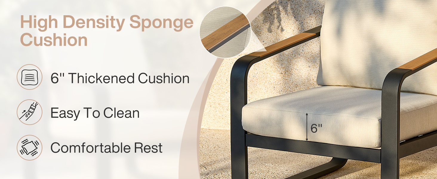 Outdoor Patio Lounge Chair with Beige Cushions, Black Aluminum Frame, Wood Armrests, Modern Style, Ideal Fathers Day Gift