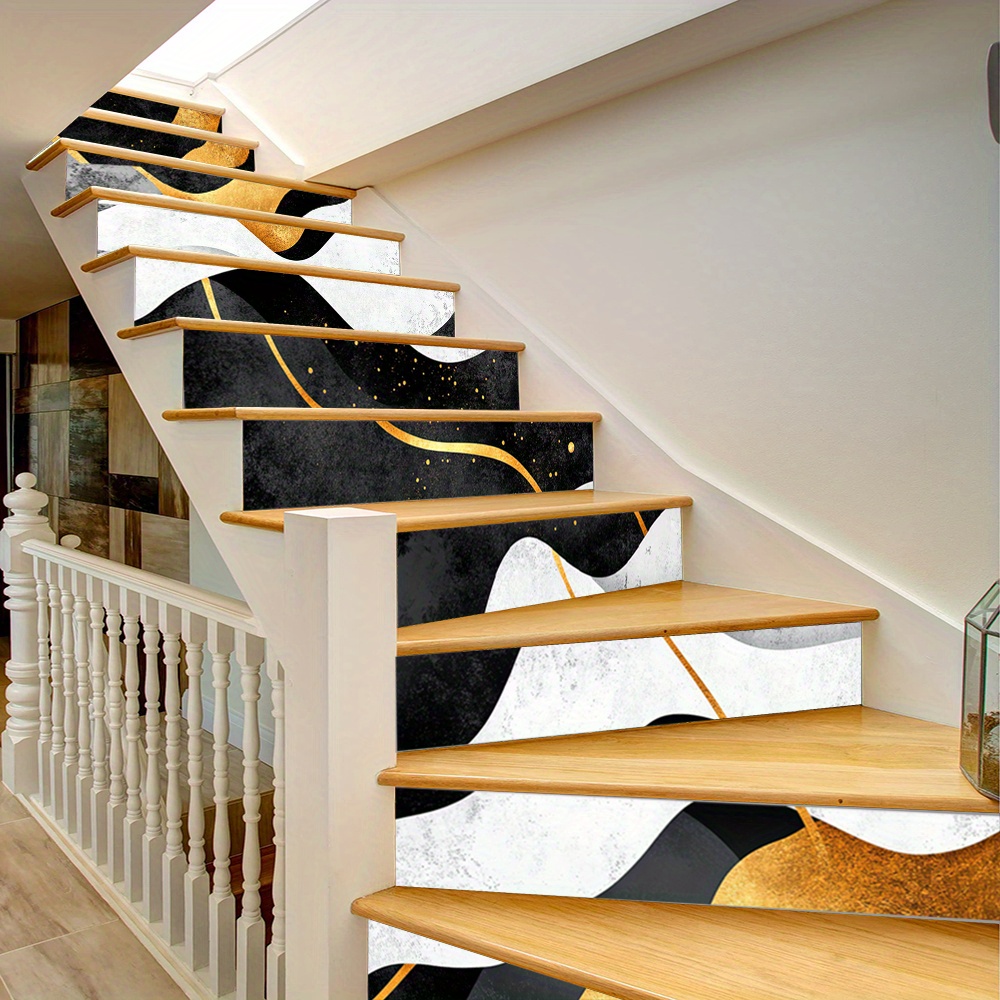 13pcs Modern Abstract Black and Golden Wavy Staircase Decals - Self-Adhesive Vinyl Stair Riser Murals, 100.0cmLx17.98cmW, Peel and Stick for Easy Installation, Elegant Home Décor for Staircases