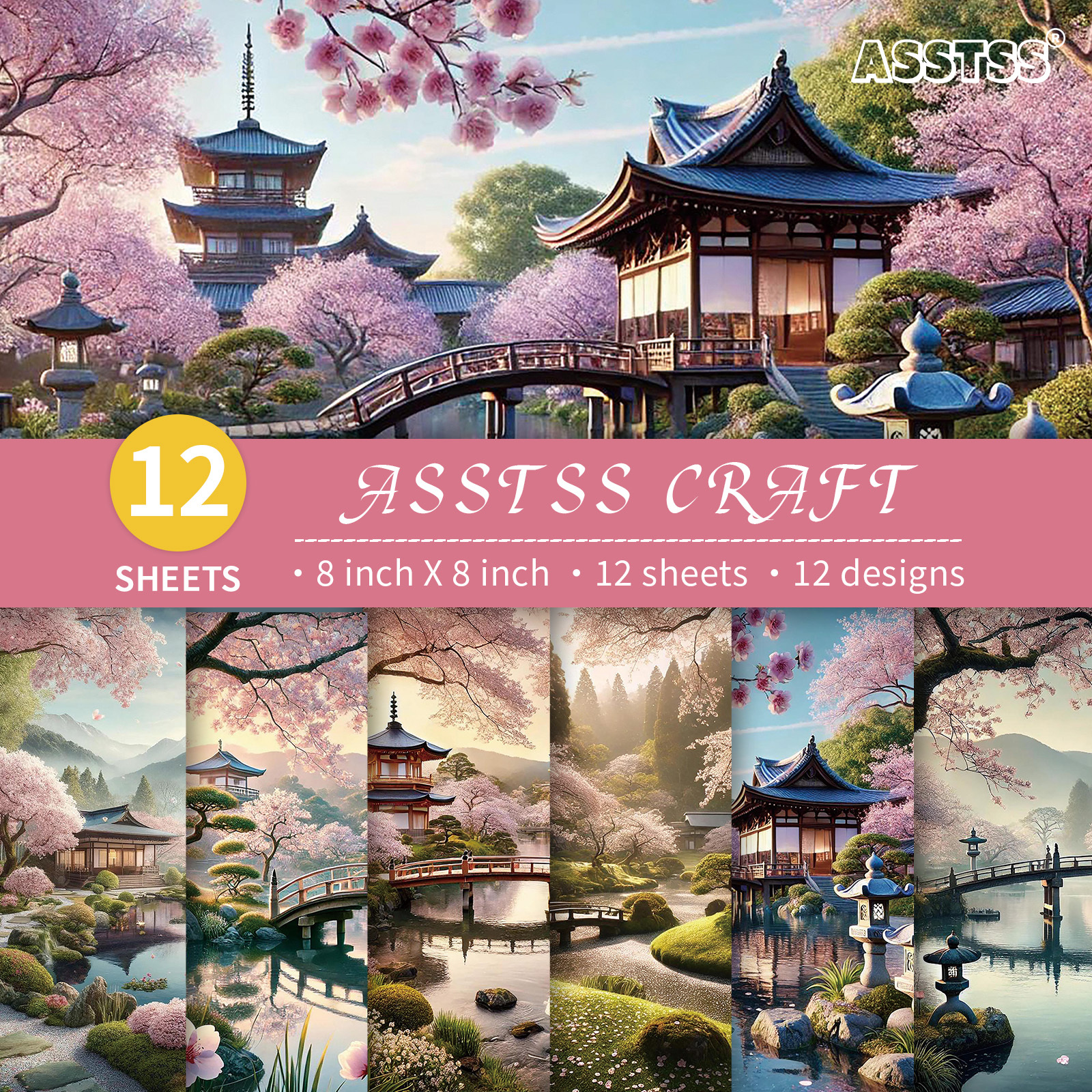TEMU 12-Vel ASSTSS 8*8-inch Scrapbooking Papierblok, Achtergrondpapier Benodigdheden in Japanse Kersenbloesemtuin Stijl, Zwaargewicht Karton voor