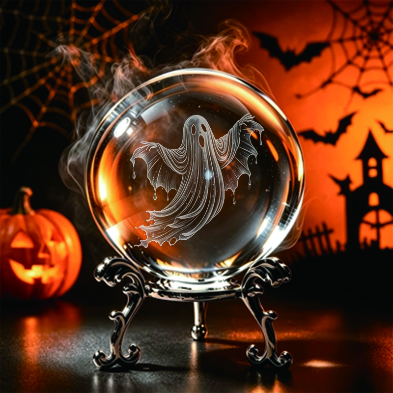 TEMU 1pc Ornement de boule de cristal dégradé Halloween, Ornement de boule de cristal gravé au laser 3D, Livré avec un support en métal doré et
