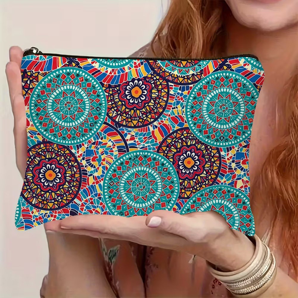 TEMU Neceser de maquillaje de 1 pieza, elegante y bonita, con de mandala multicolor y diseño " floral geométrico, intrincado", para organización