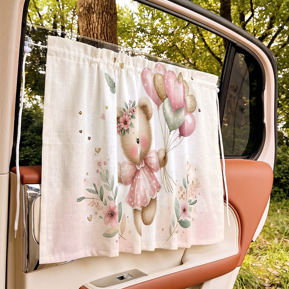 TEMU 1pc Car Sunshade, Watercolor Bear Floral Print Adjustable Car Sunshade, Suction Cup Car Window Side Curtain, Summer Sun Protection And Heat