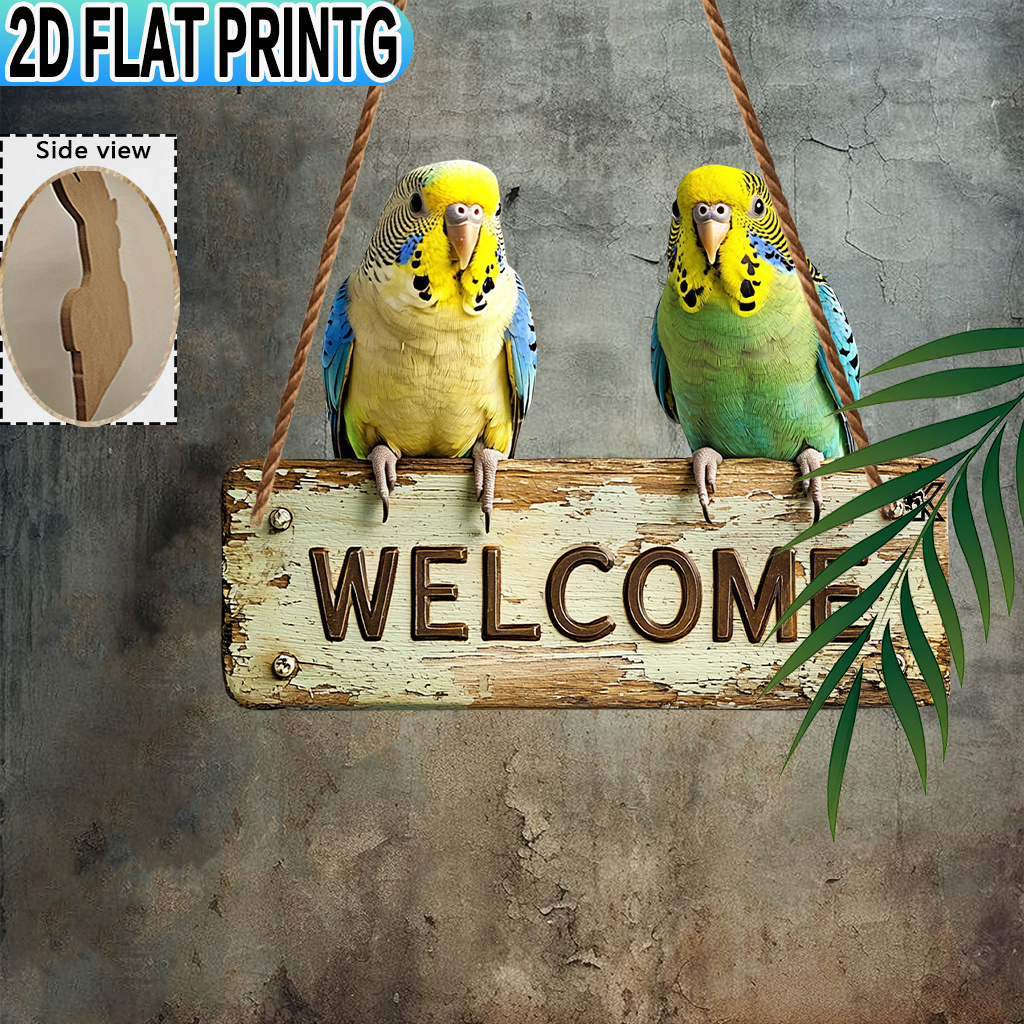 TEMU 2d Flat - 2d Graphic Design, 1pc, Wooden Welcome Sign, Outdoor Wall Decoration (9.8 X 7.5 Inches), Double Budgerigar, Home Decor, Animal-themed