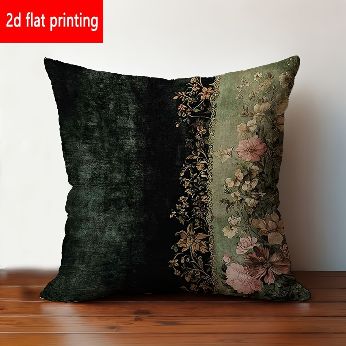 TEMU 2d Flat Printing, 1pc, Vintage Floral Pillowcase, Short Plush, With A Green As Color, With Pink And Yellow Floral Patterns, Single-sided Print,