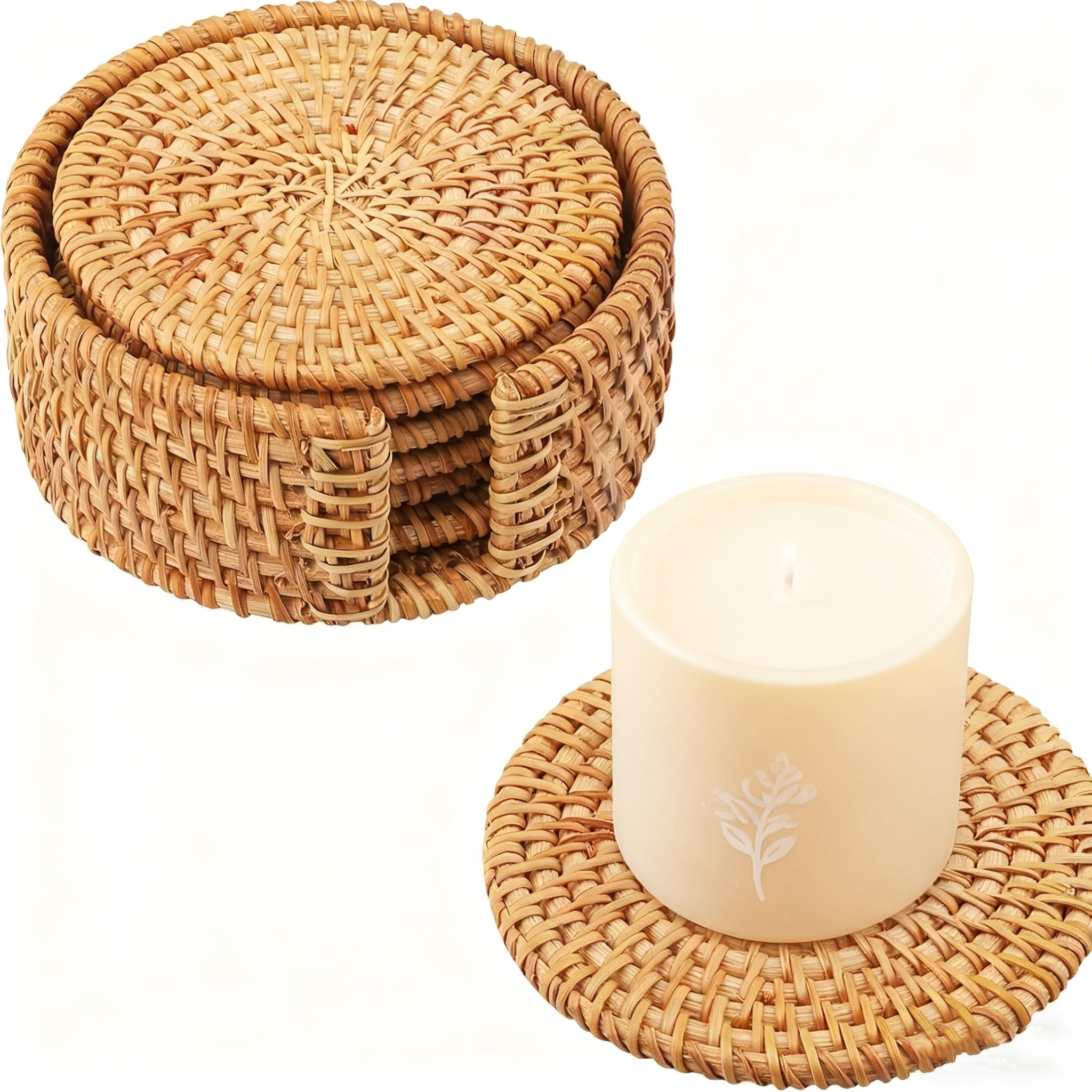 TEMU Ensemble de 7 pièces (6 sous-verres + 1 support) Sous-verres ronds en rotin de style vintage - Tapis de table en tissu tissé naturel adaptés aux
