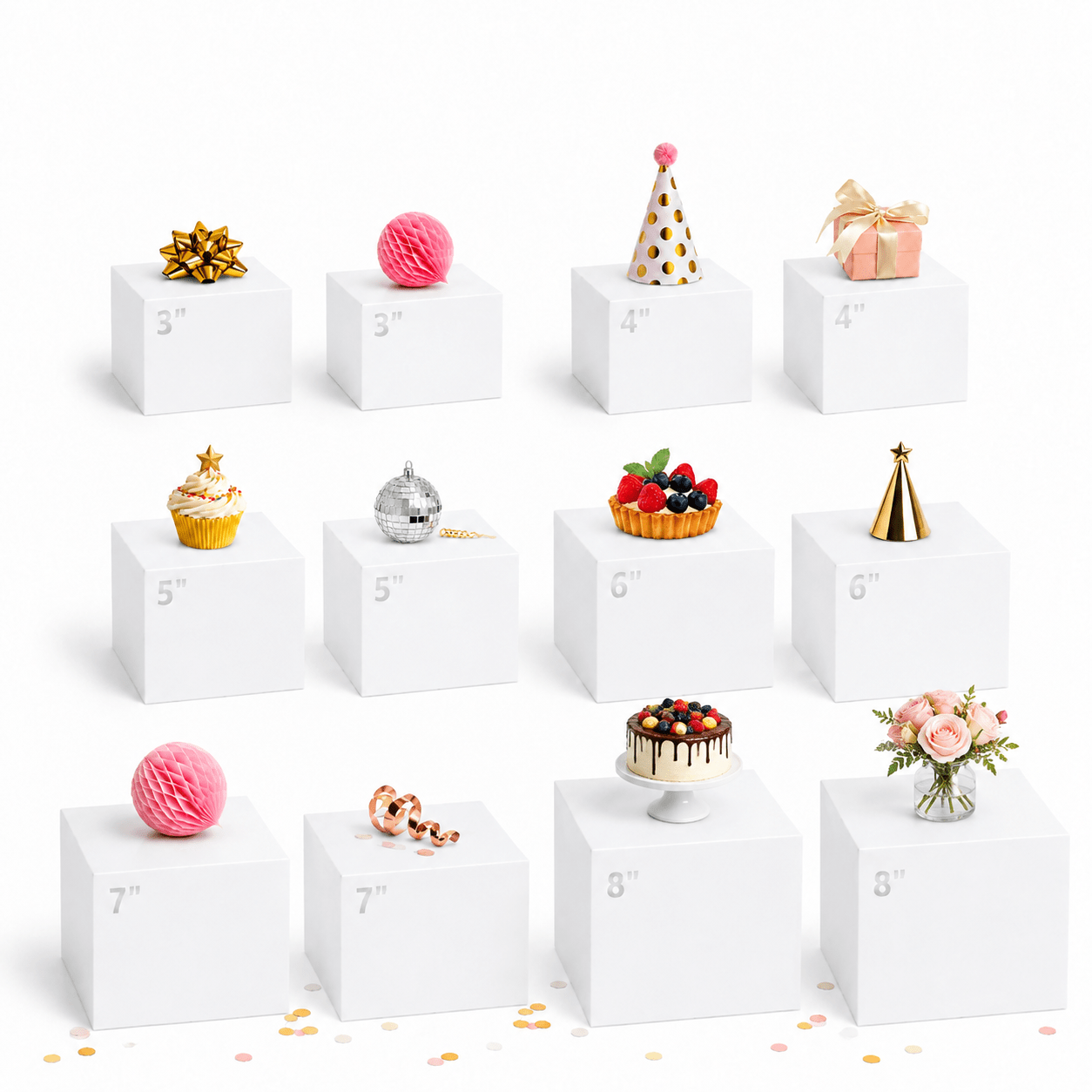Image of 12pcs White Acrylic Display Boxes - 3, 4, 5, 6, 7, 8-inch, Versatile Stackable Packaging Cubes For Wedding, Shower, Birthday & Anniversary Party Decorations - Durable Showcase, No , Non-contact