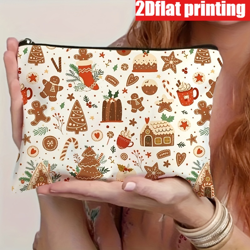 TEMU 2d Flat Printing 1pc Fashion Christmas Gingerbread Theme Makeup Bag, Material, Off-, Printed With Classic Christmas Gingerbread Elements,