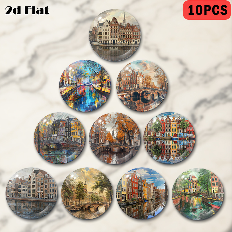 TEMU 10pcs 2d Flat Round Amsterdam Canal Scene Pattern, Crystal Glass Fridge Magnets, Decorative Magnets, Hd Pattern , Suitable For Kitchen