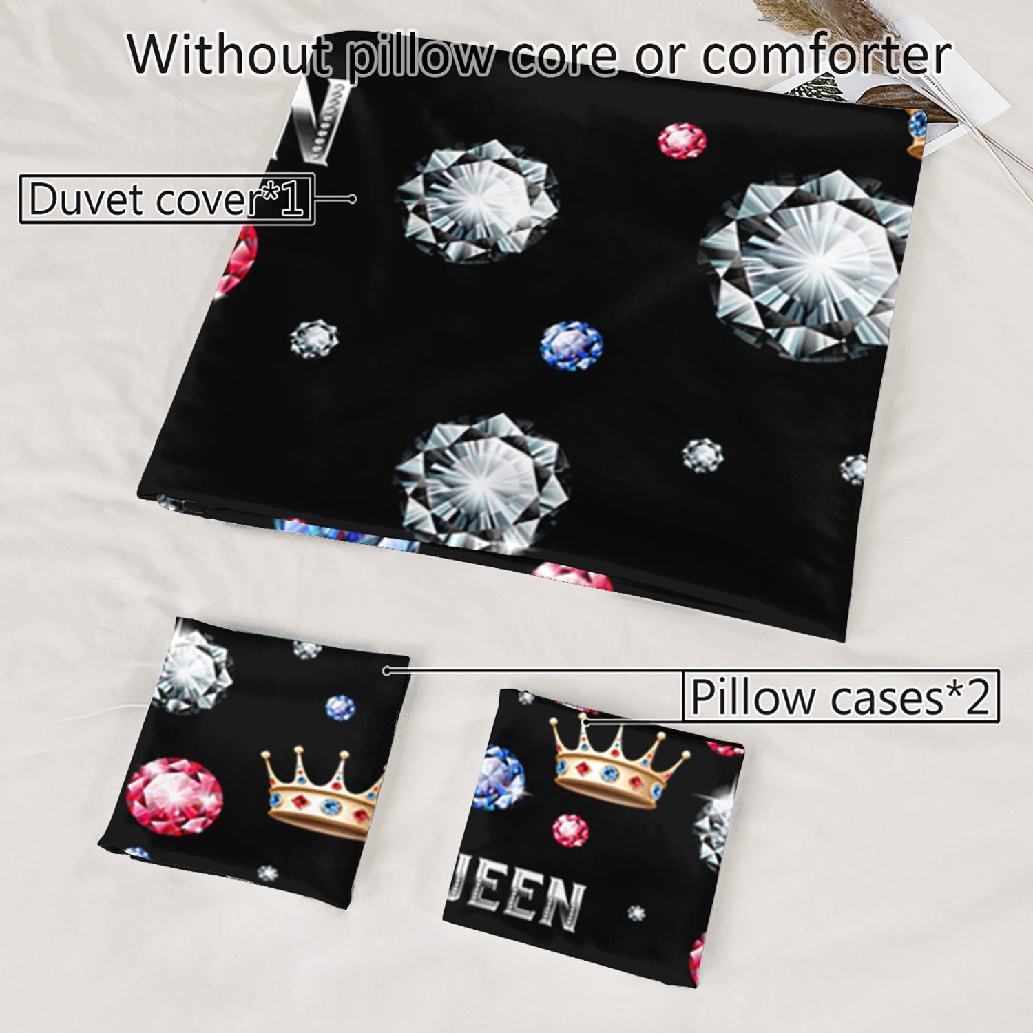 3pcs king queen crowns and diamonds 3  printed duvet cover set romantic couple bedding set for   queen size black bedding for bedroom or   decor polyester comforter cover gift 1 quilt cover 2 pillowcases Product details 6