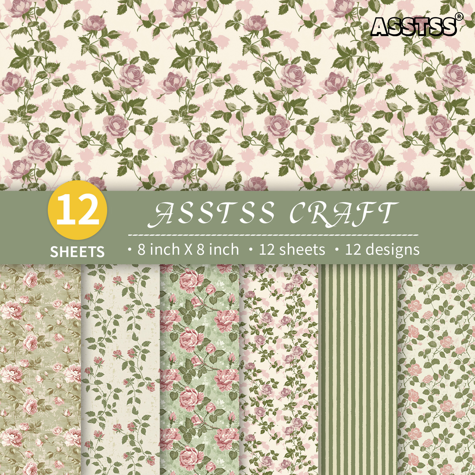 TEMU 12-sheet Asstss Heavyweight Scrapbooking Paper Pad Suitable For Journaling, Collage Art & Cardmaking - Floral Pastoral Backing Sheets With 8"x8"