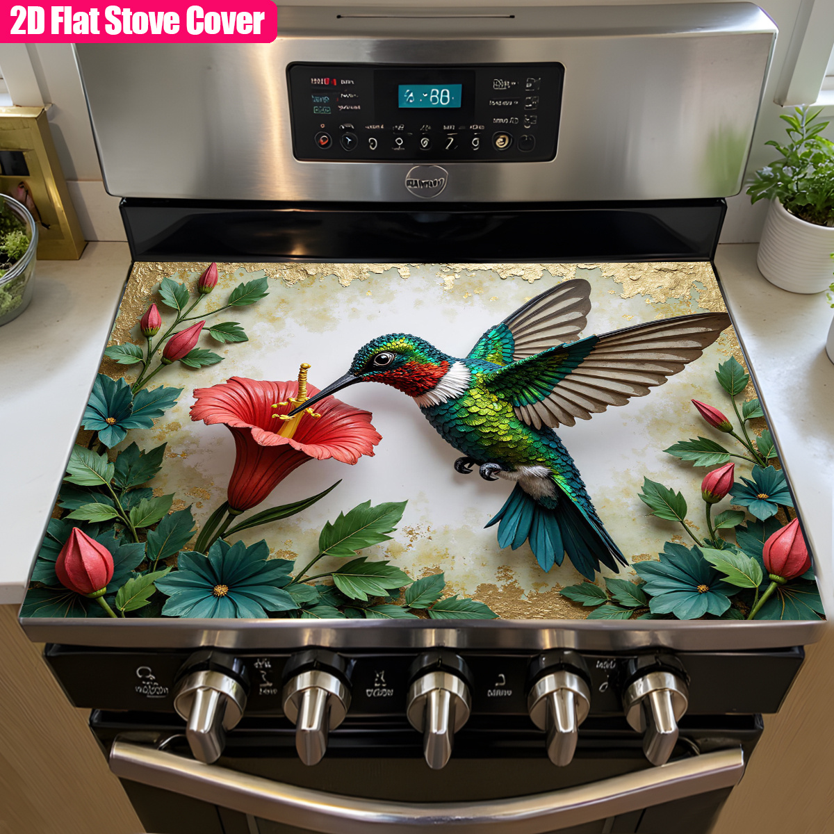 TEMU 1pc Asoonyum Stove Top Cover - Vibrant Hummingbird & Red , Heat-resistant Glass Cooktop Protector, Dish Drying Mat For Electric Stoves, Black &