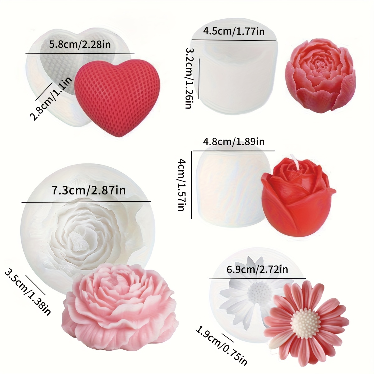 E-shop 5er-Set Blumenduftkerzenformen – Rosen, Gänseblümchen, , Tulpen und -Designs | 3D-Silikonformen für Duftkerzenherstellung und