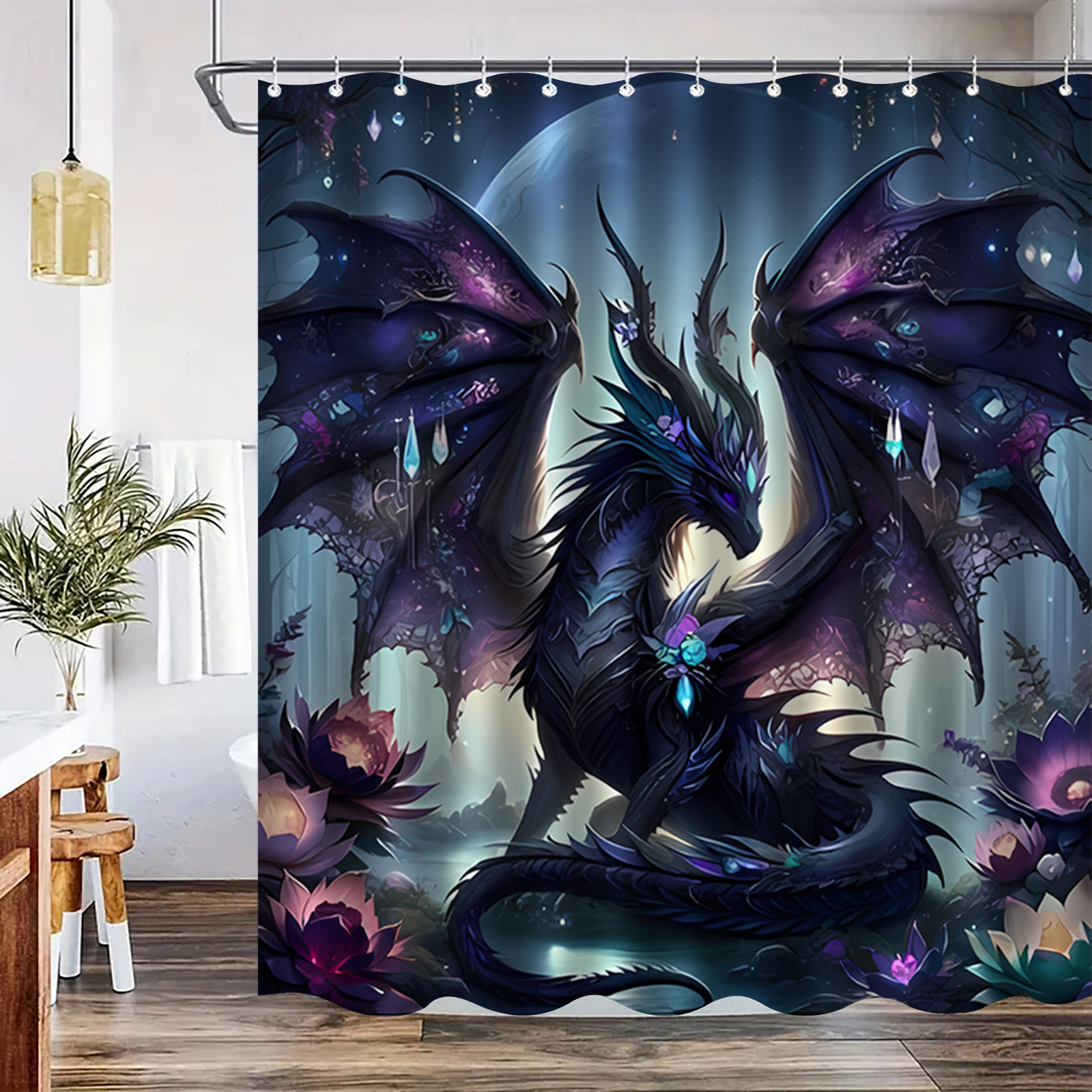 TEMU 1pc Dragon Pattern Printed Shower Curtain, High-end Elegant Bathroom Curtain, Suitable For Home Decor, With 12pcs Hooks Polyester Fabric Bathtub