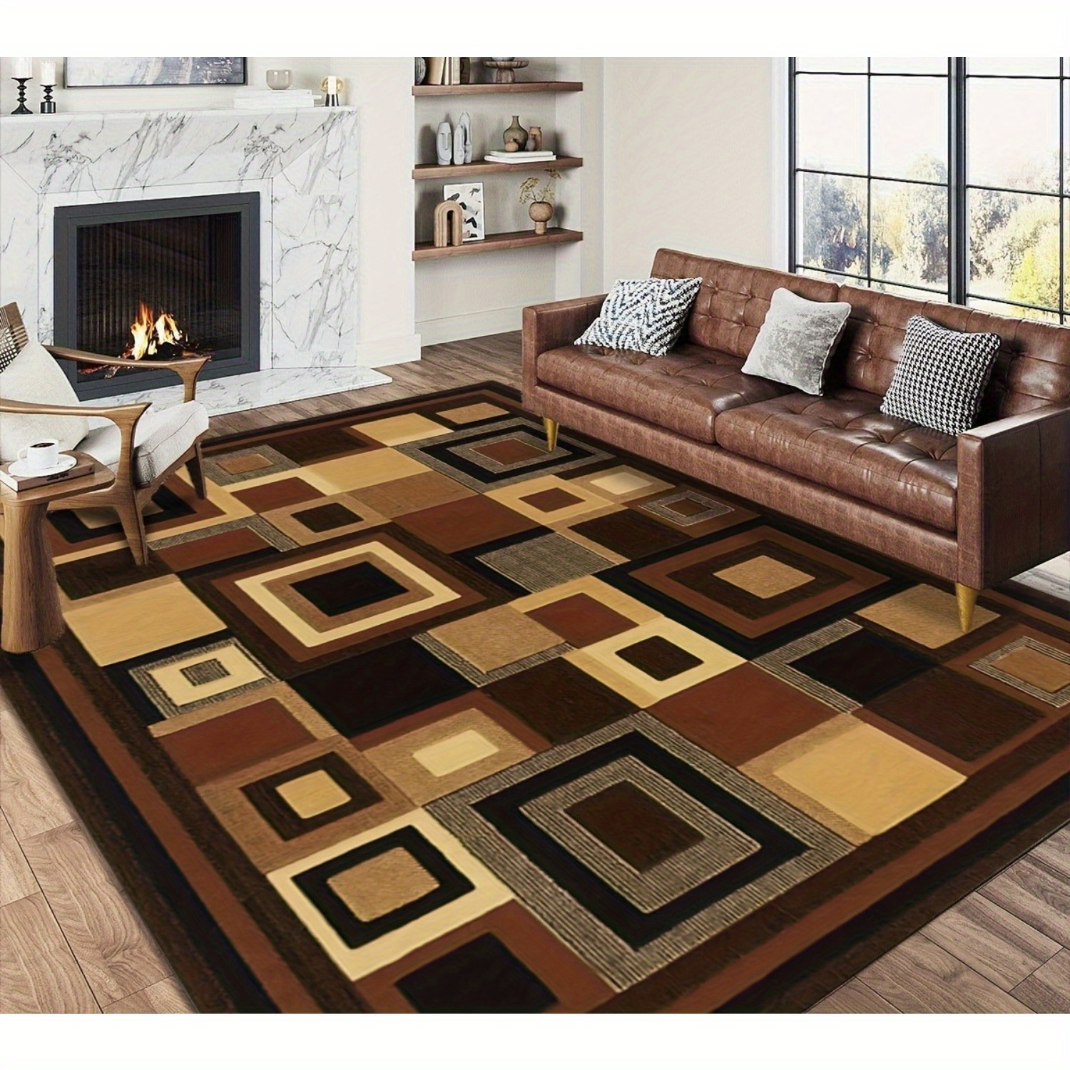 TEMU Modern Geometric Area Mat Non-slip Backing, Machine Washable, Versatile For Living Room, Bedroom, Outdoor, And More - Brown, Rugs For Living Room