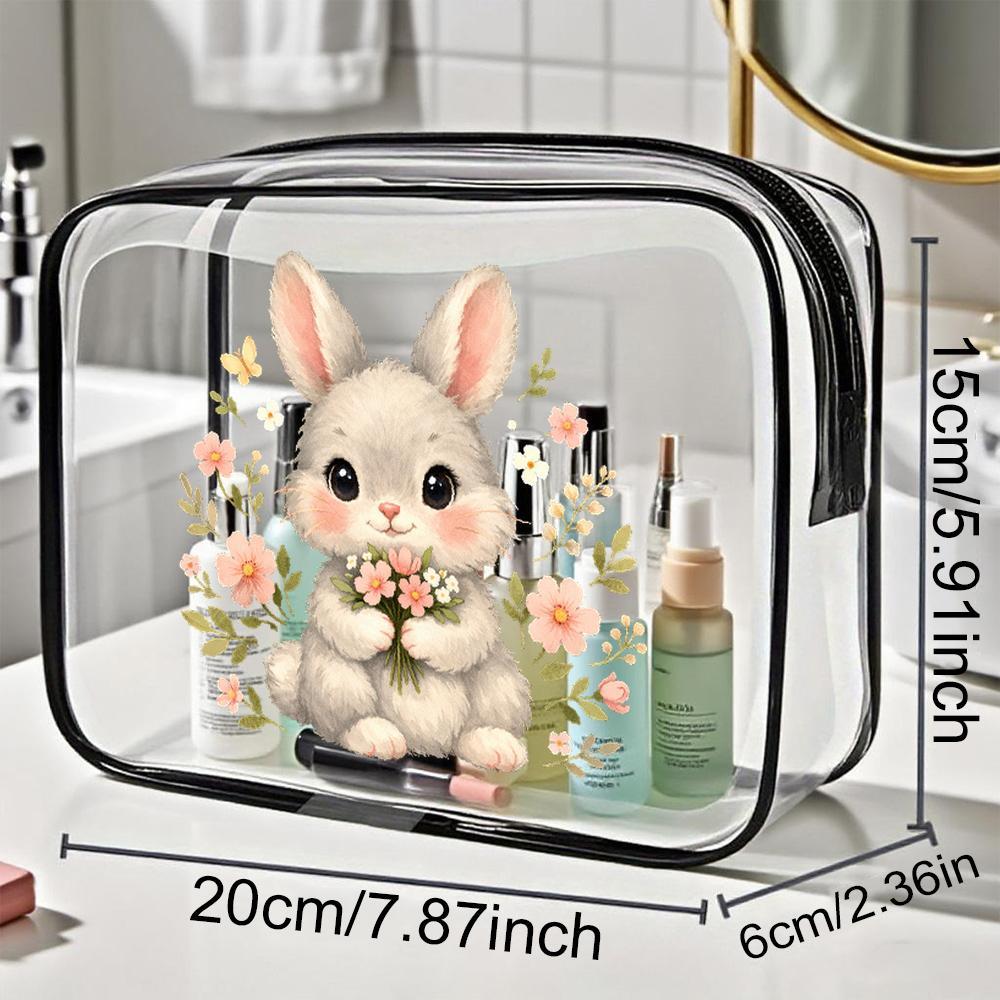 TEMU Trousse de maquillage lapin avec , en PVC transparent à fermeture éclair, style aquarelle Kawaii avec fleurs roses pastel et papillon jaune,