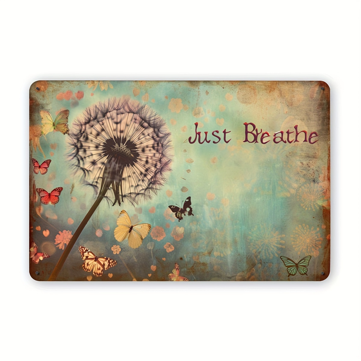 TEMU 2d Flat 1pc Of Inspirational Dandelion Metal Wall Art, "just Breathe" , Vintage Decorative Tinplate, Indoor/ Outdoor Hanging Sign, Suitable For